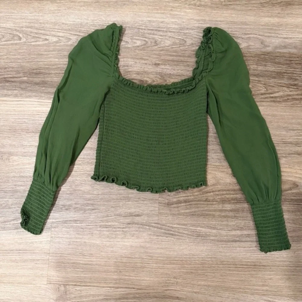 Reformation Pinto‎ Smocked Top Womens XS Green Moss Fitted Crop Blouse